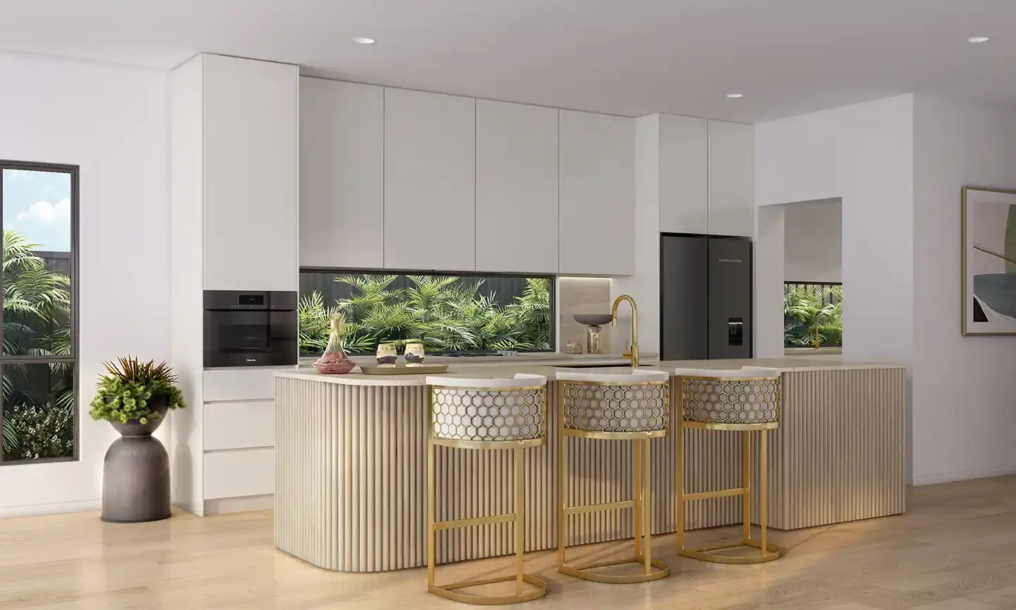 Modern white kitchen with gold funitures