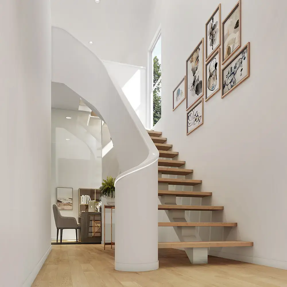 solid railing stairs, white wall interior